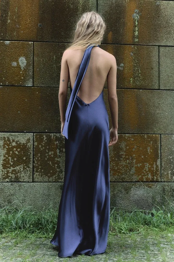Zara maxi dress satin slip gown Elegant blue Halter formal party wedding prom - Image 20