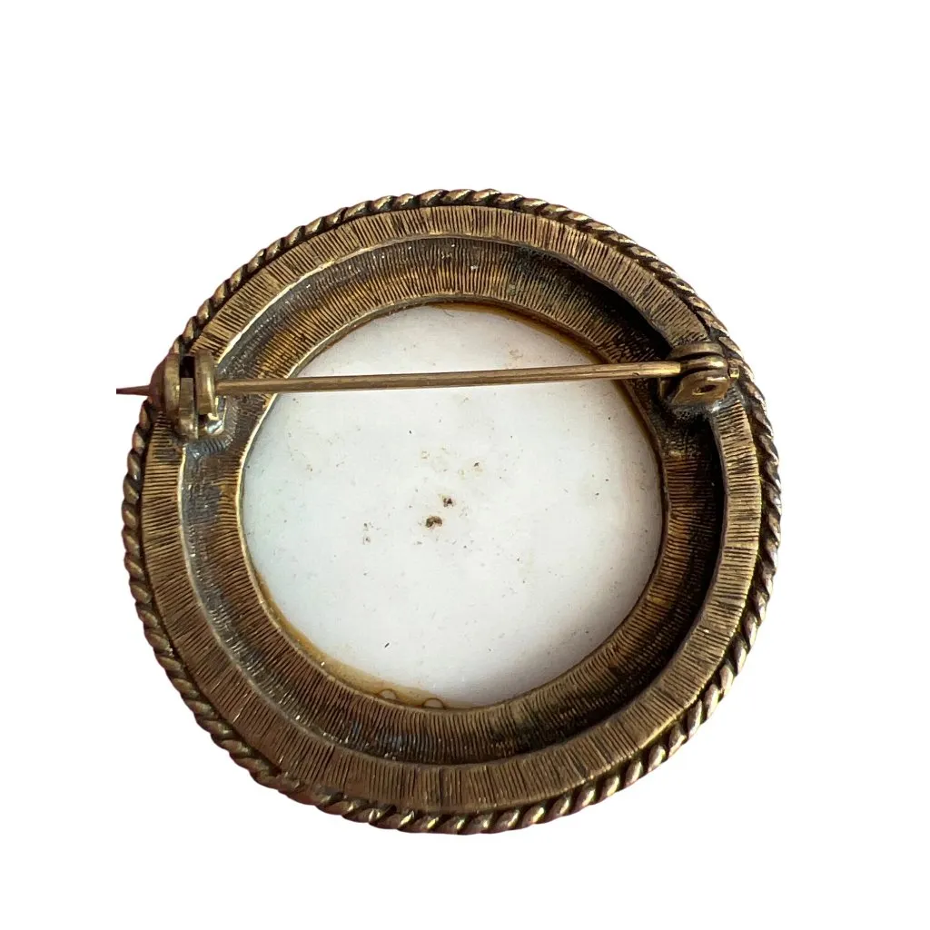 Vintage Porcelain Transferware Brooch Courting Couple Gold Tone Round Estate 1.5 Pink - Image 5