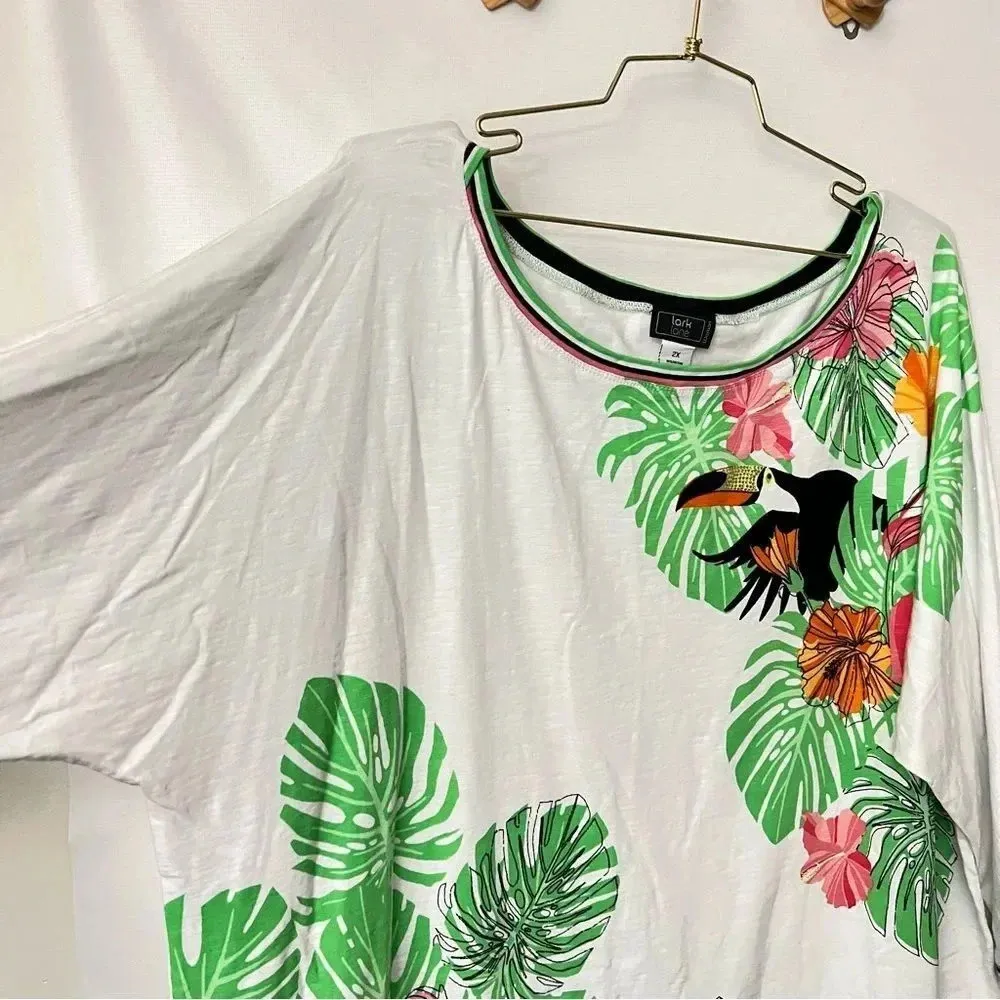 Lark Lane Woman 2X Hawaiian Floral Blouse Top 3/4 Sleeve Cotton Blend Toucan White - Image 8