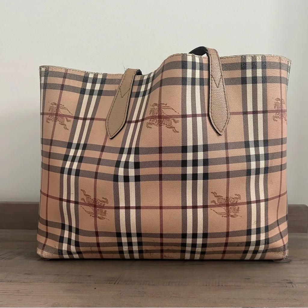 Authentic Burberry Haymarket Check Tan Leather Reversible Medium Tote Bag - Image 13