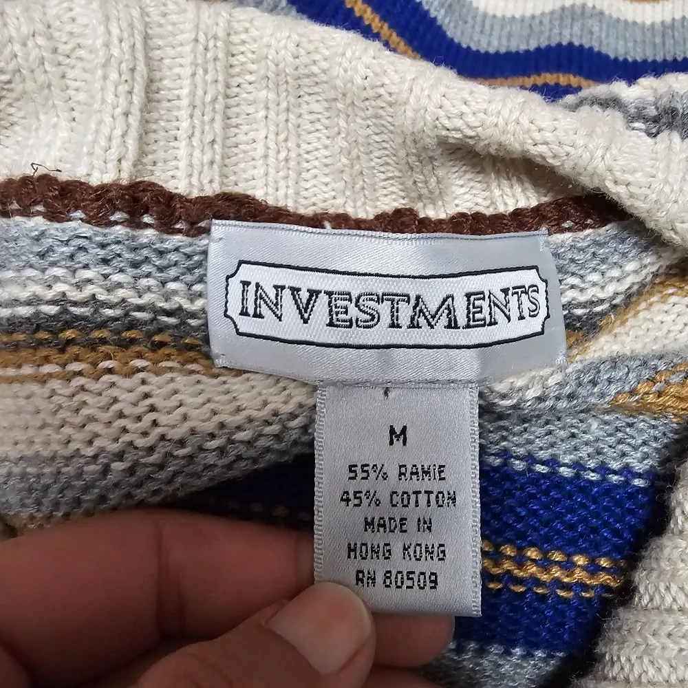 Vintage Investments Blue & Brown Striped Full Zip Collared Cardigan Size Medium - Image 5