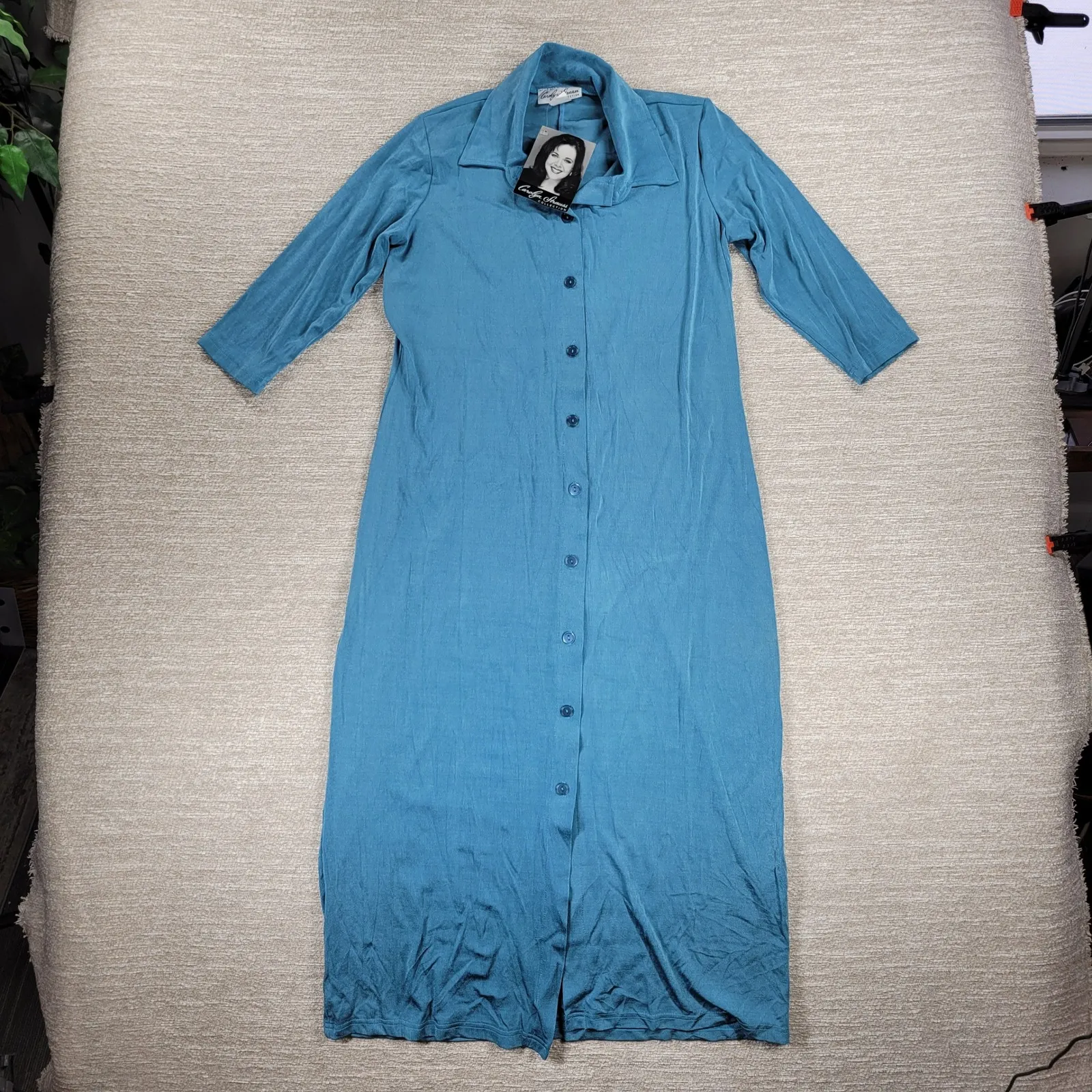 Carolyn Strauss Slinky Shirt Dress Size L Teal 3/4 Sleeve Button Up Maxi NEW Blue Size L - Image 11