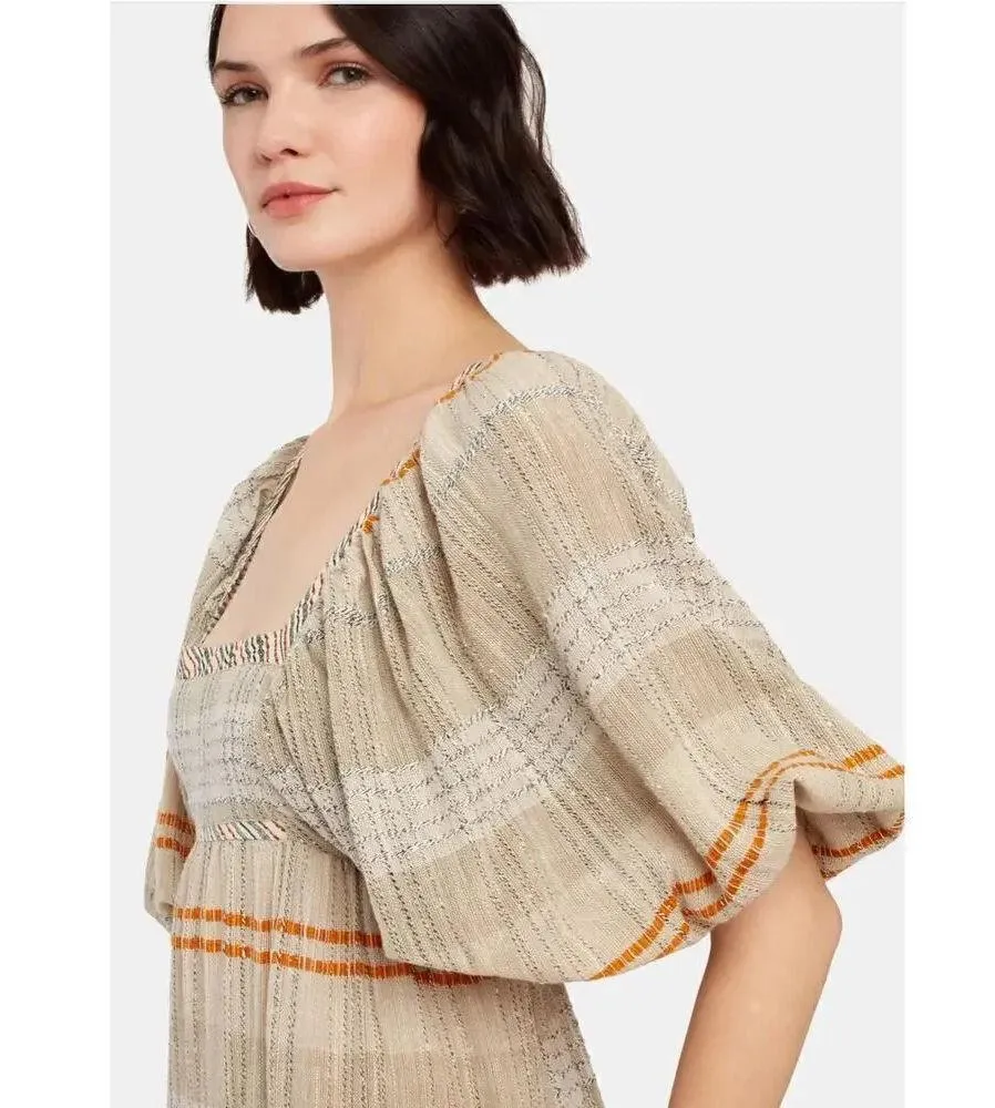 Free People Cotton Blend open tie back mini dress balloon sleeve Boho Western M - Image 4