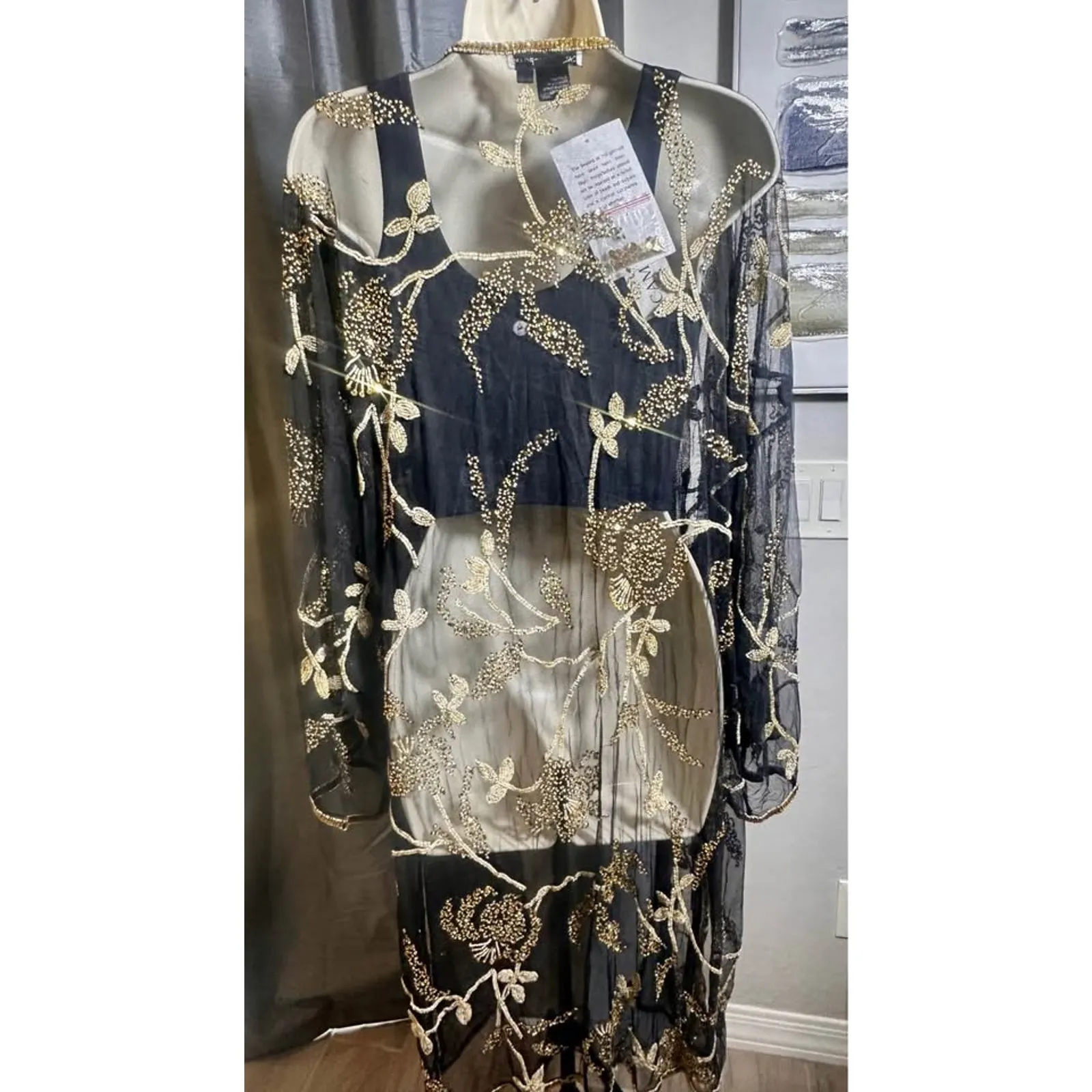 NWT: Beaded Kimono; fancy, boho, vintage, beads185 Black - Image 4