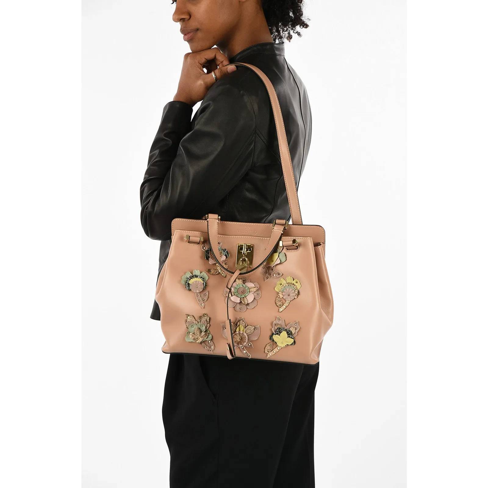 Valentino Joylock Black Leather Floral Applique Rockstud Satchel Shoulder Bag - Image 16