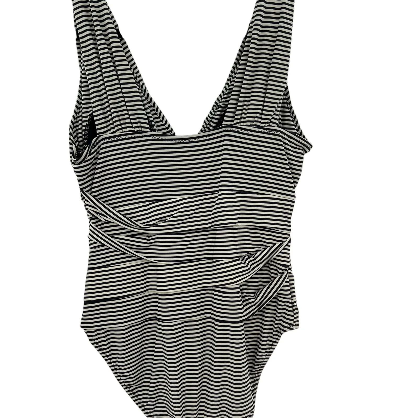 Garnet Hill One Piece Swimsuit Ruched Plunge Striped Black Cream Size 8 - Image 10