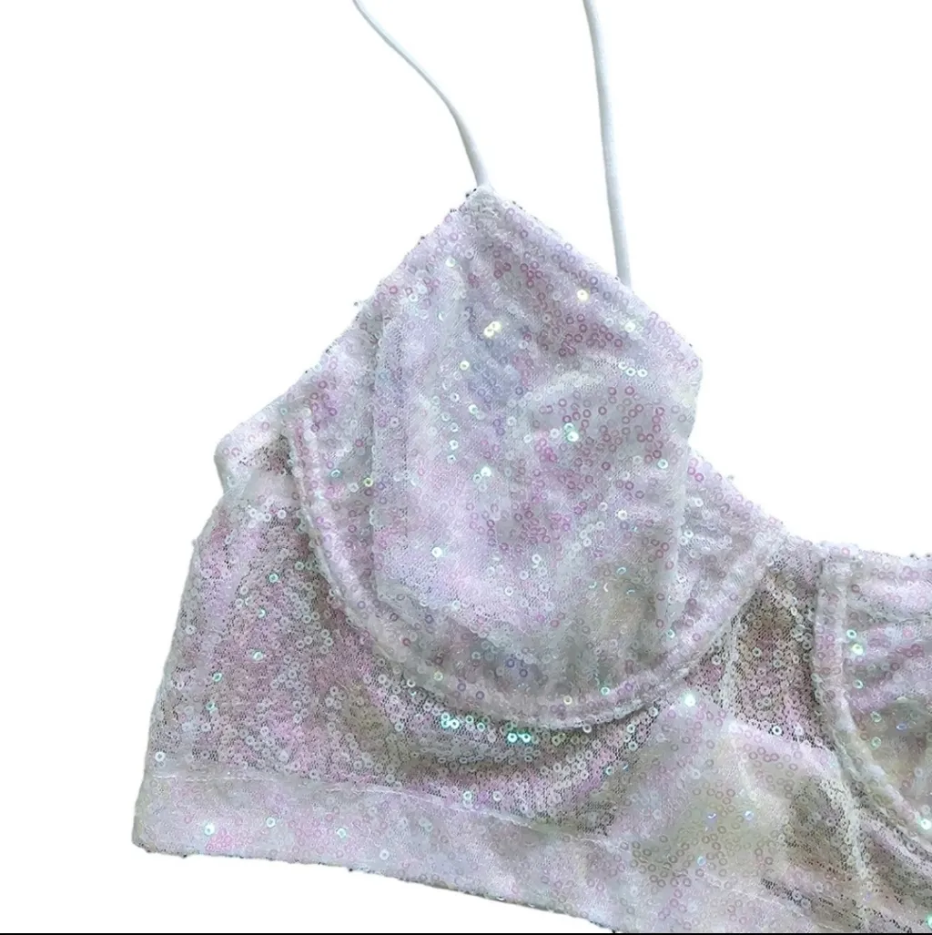 Anthropologie White Sequin Mesh Crop Top Bling Size Large Concert Festival Party - Image 6