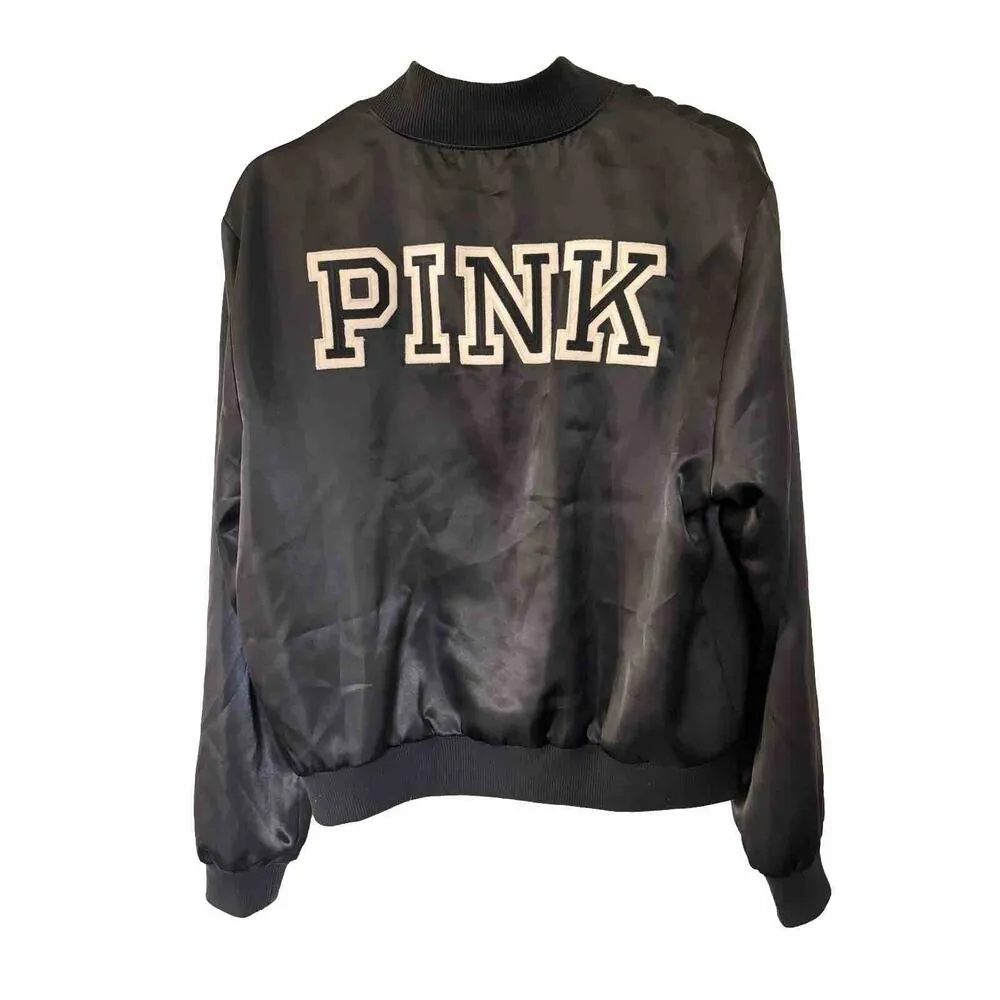 Victoria's Secret Pink VS Satin Jacket Black Sz Small Silky Varsity Y2K - Image 2