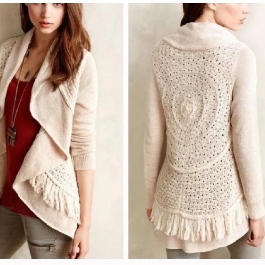Anthropologie Knitted & Knotted Crochet Fringe Cardigan Sweater Size Small Tan - Image 2