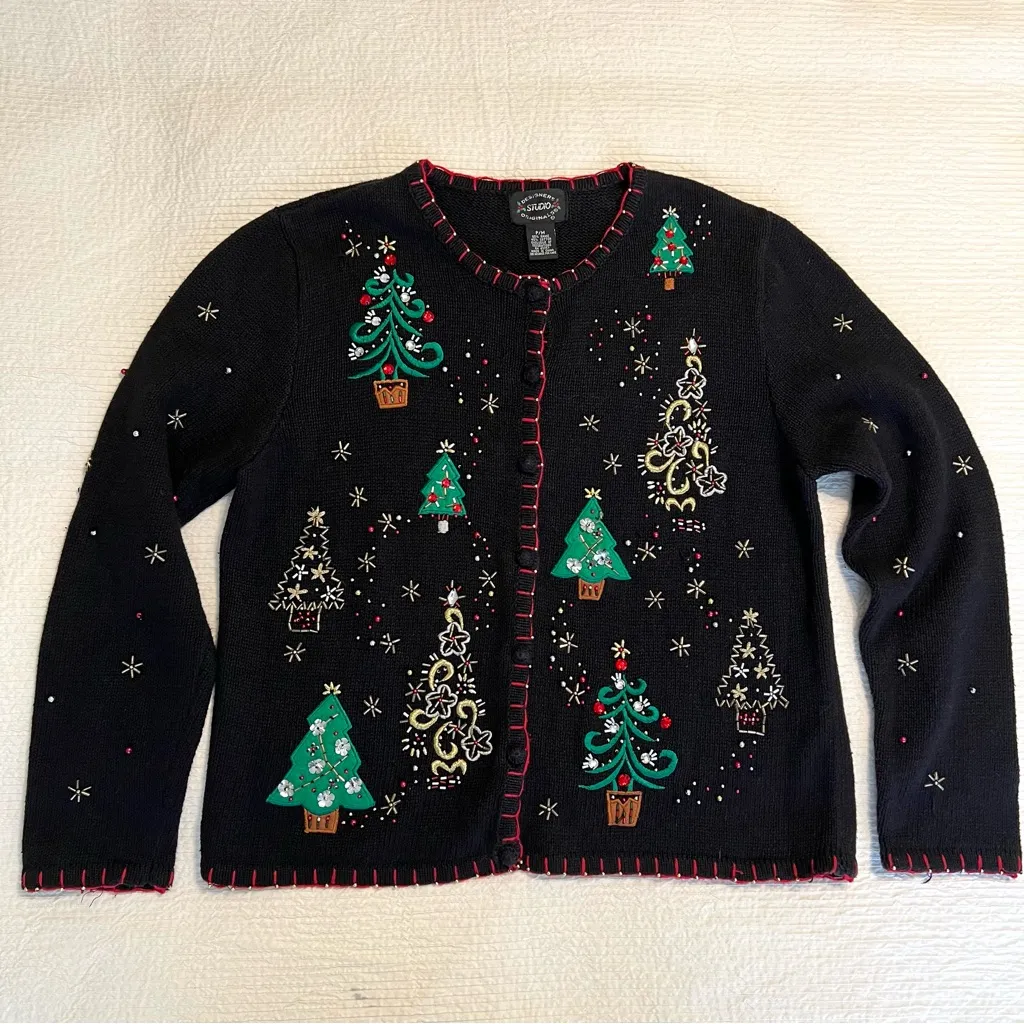 Designers Original Christmas sweater trees embroidered cardigan size MP Black - Image 12