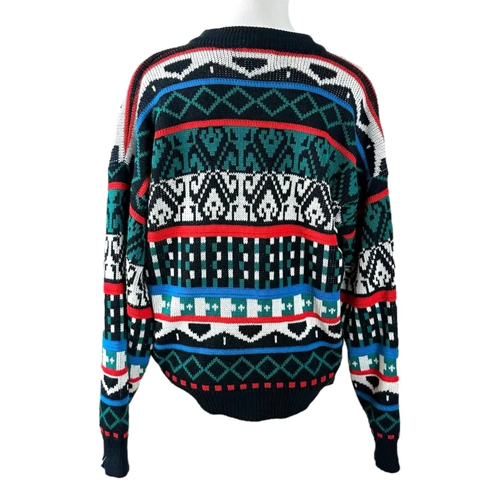 Vintage 70s Sasson Fair Isle V Neck Cardigan Sweater Oo La La Small Retro Black - Image 6