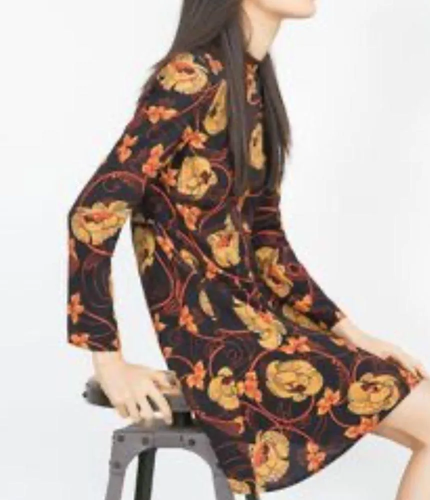 ZARA 70s High Neck Zip Long Sleeve Printed Flounce Tunic Short Stretch Dress - Image 3