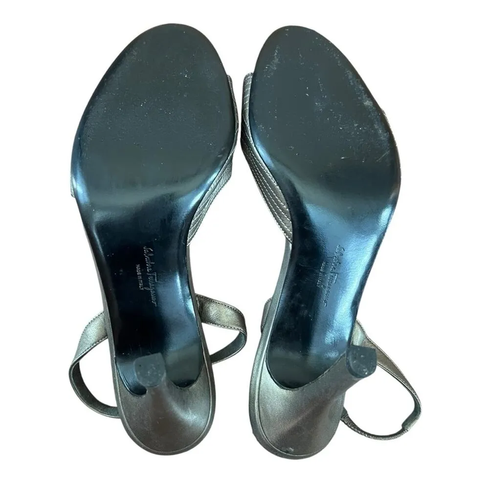 Salvatore Ferragamo Women’s Vintage Silver Bow Accent Strappy High Heels Size 9 - Image 8