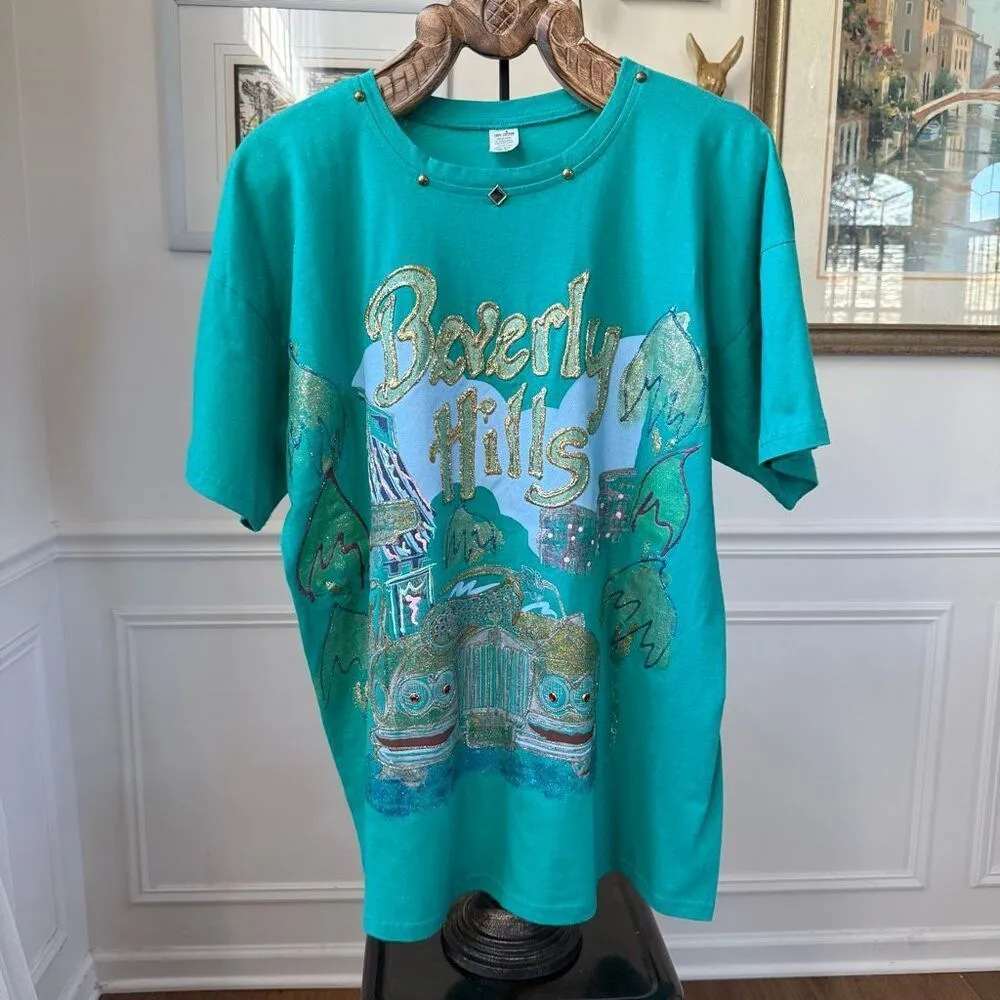 Vintage Beverly Hills Rodeo Dr OSFM Glitter Bling Maximalist Teal Tshirt Green Size undefined - Image 3