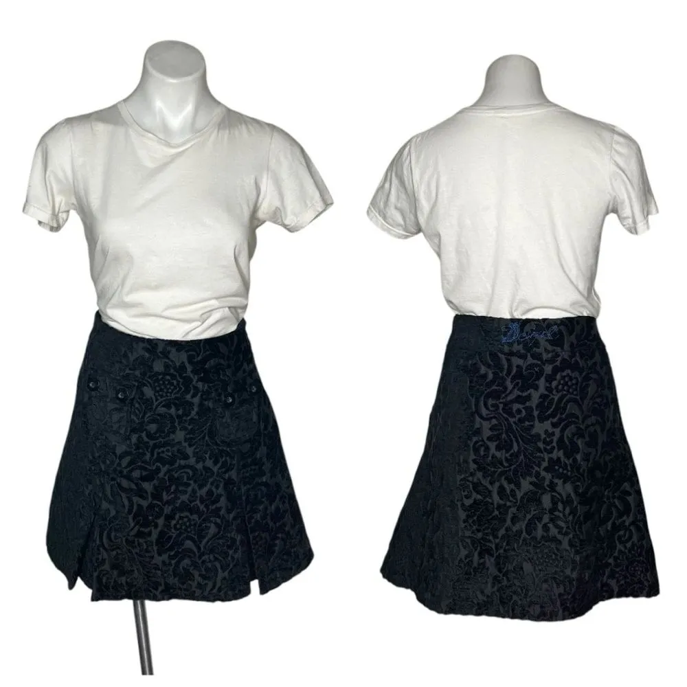 DESIGUAL Black Skirt Brocade Pleated Mini Size 42 VINTAGE Y2K Large - Image 11