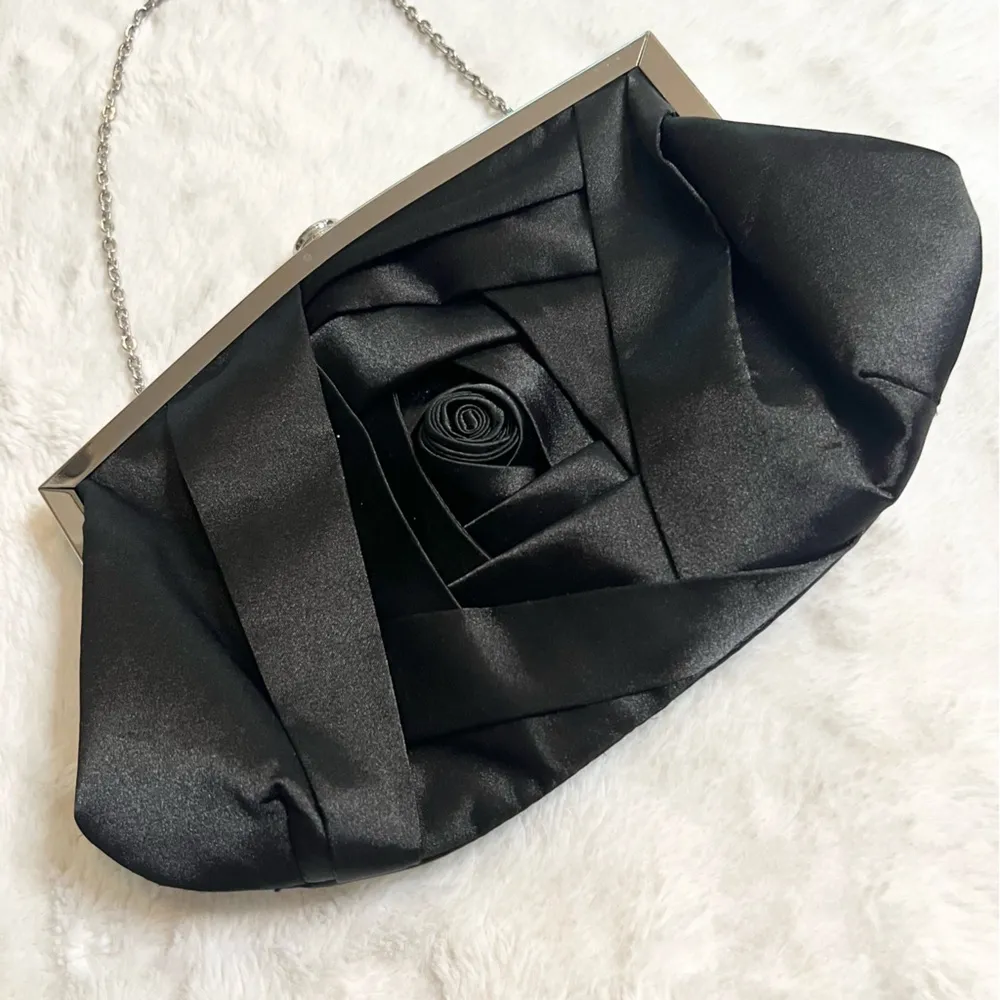 Kate Landry Black Satin Rosette Evening Bag Clutch with Chain Strap & Rhinestone - Image 3