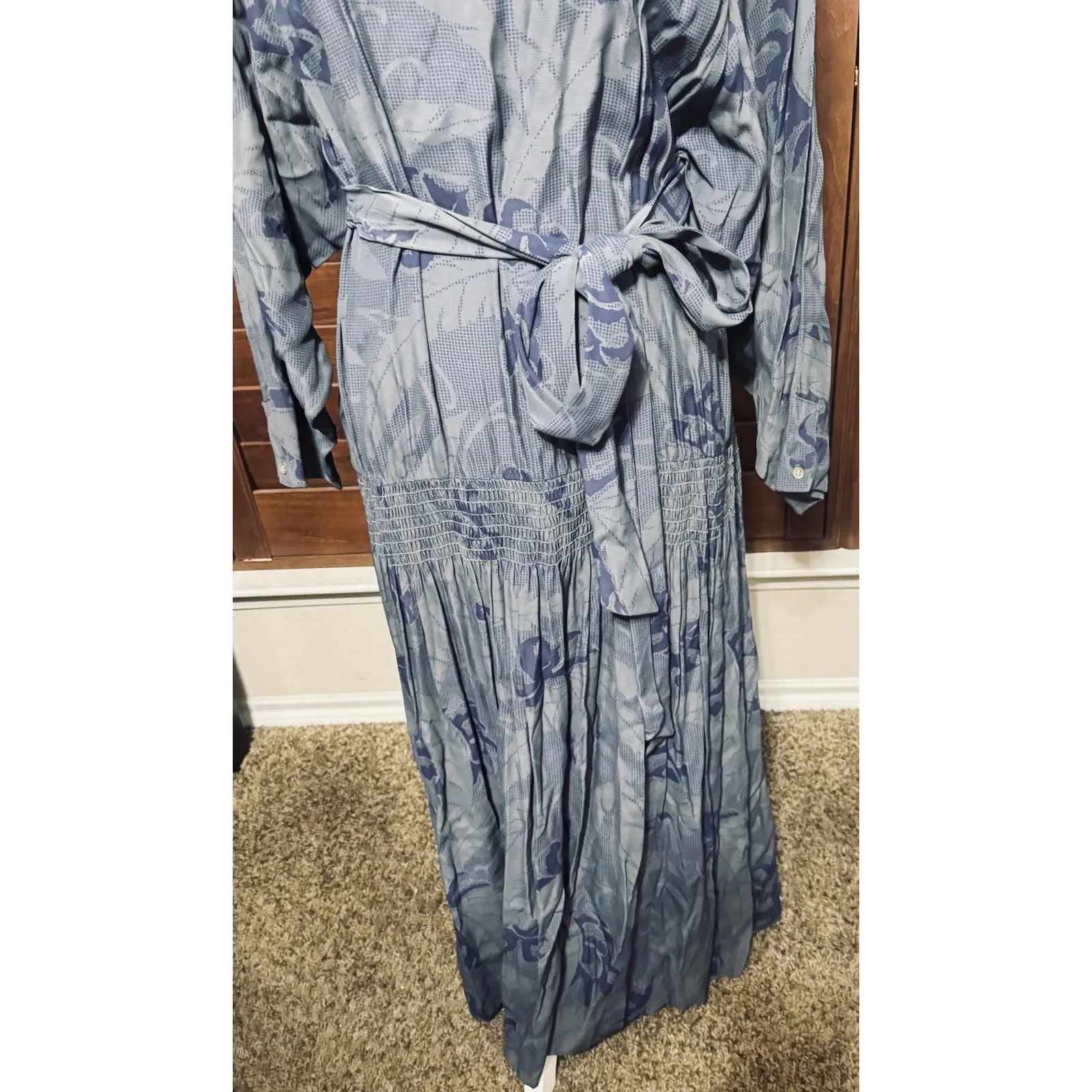 Vtg 90s Nicole Miller Dress Midi Blue Floral Drop Waist Belted Sz Large - Image 3