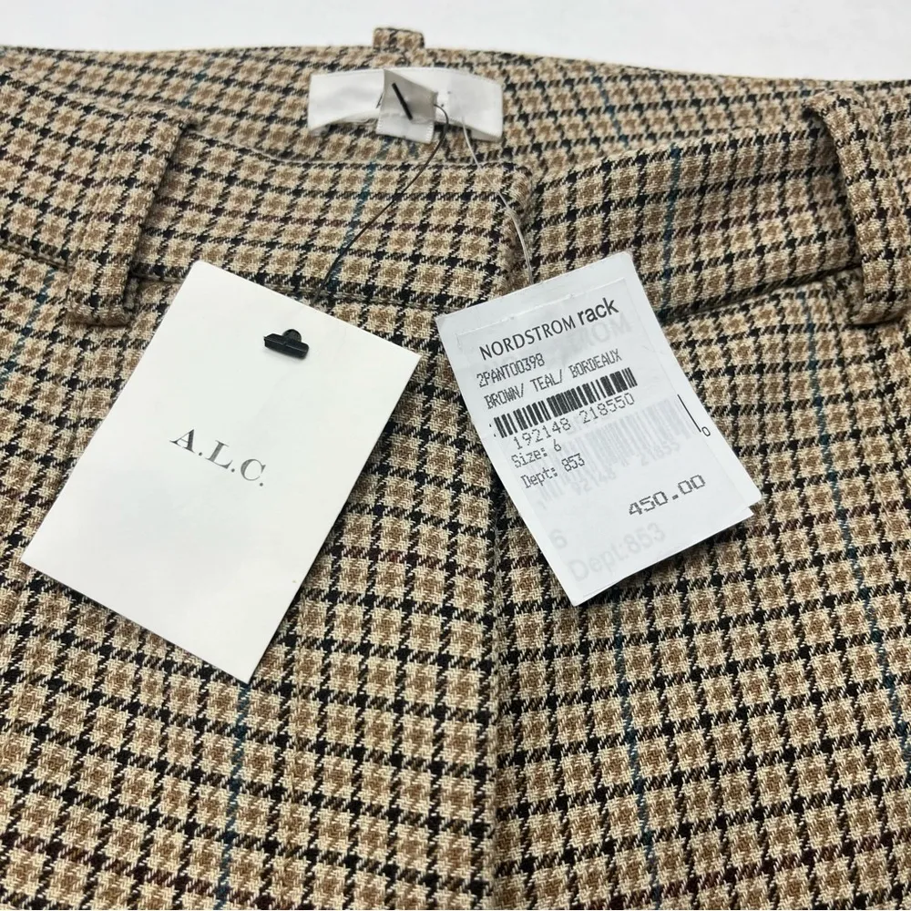 A.L.C. Edwin Split Hem Plaid Women Size 6 28 Waist Khaki Tan Pant High Waist NEW - Image 2