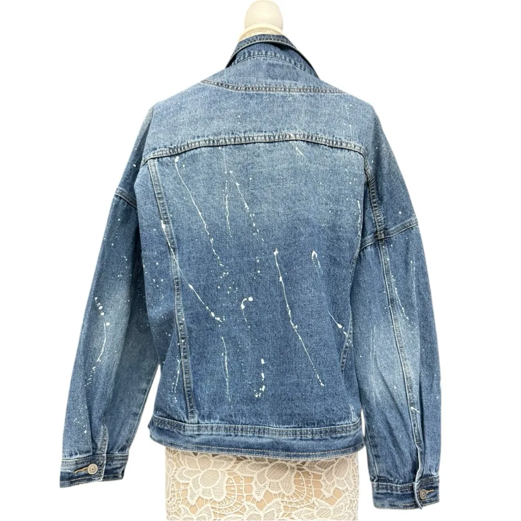O&O Blue Paint Splatter Cropped Denim Jacket Size Large Casual Denim Jacket - Image 6