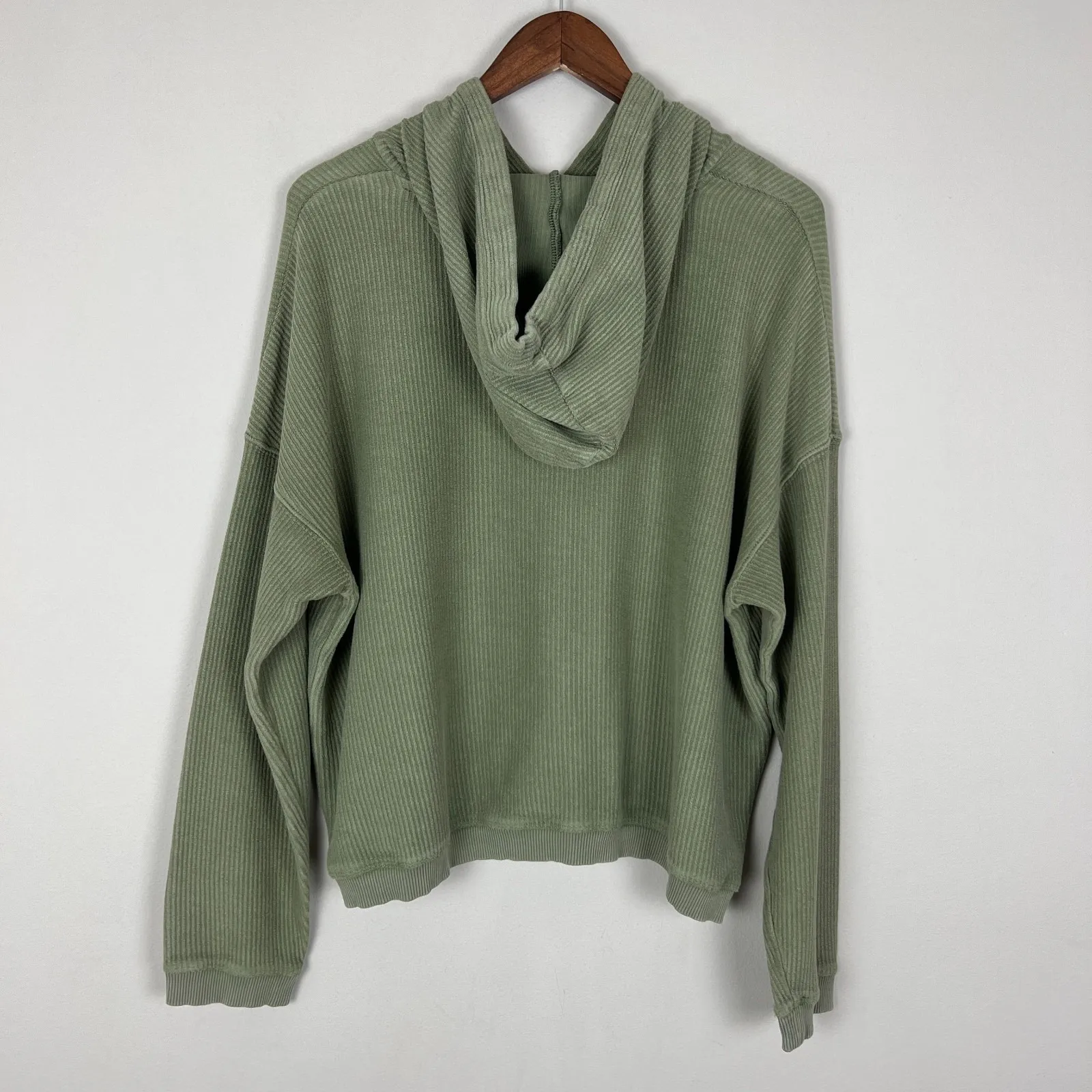 Aerie Hoodie Sweatshirt Womens Large Green Ribbed Cropped Corded 100% Cotton L‎ - Image 7