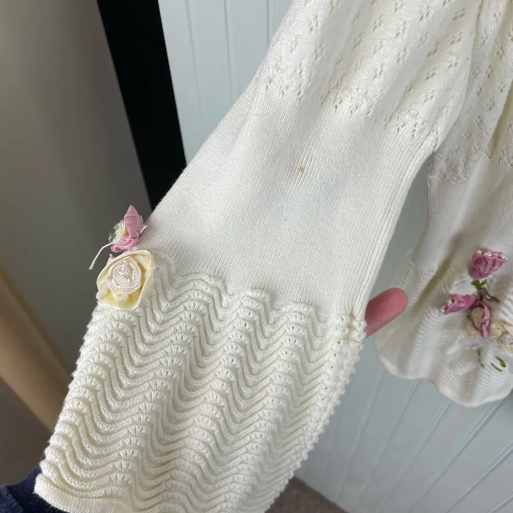 NorthStyle Womens Flower Embellished Cardigan Pointelle Knit Size XL Cottagecore Pink - Image 11