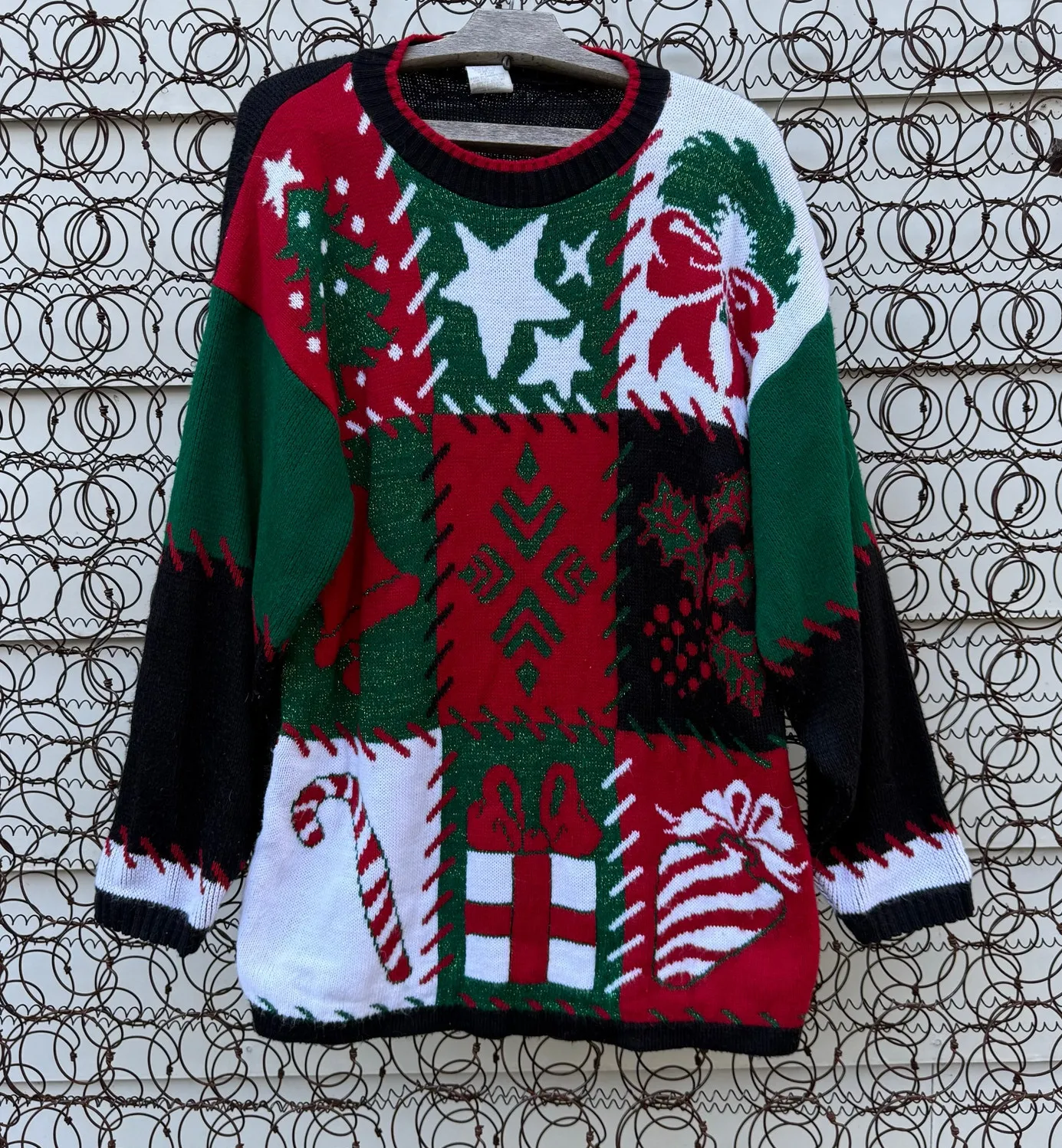 Vintage 90s Holiday Time Christmas Knit Sampler Sweater Tree Candy Cane SMALL Black - Image 1
