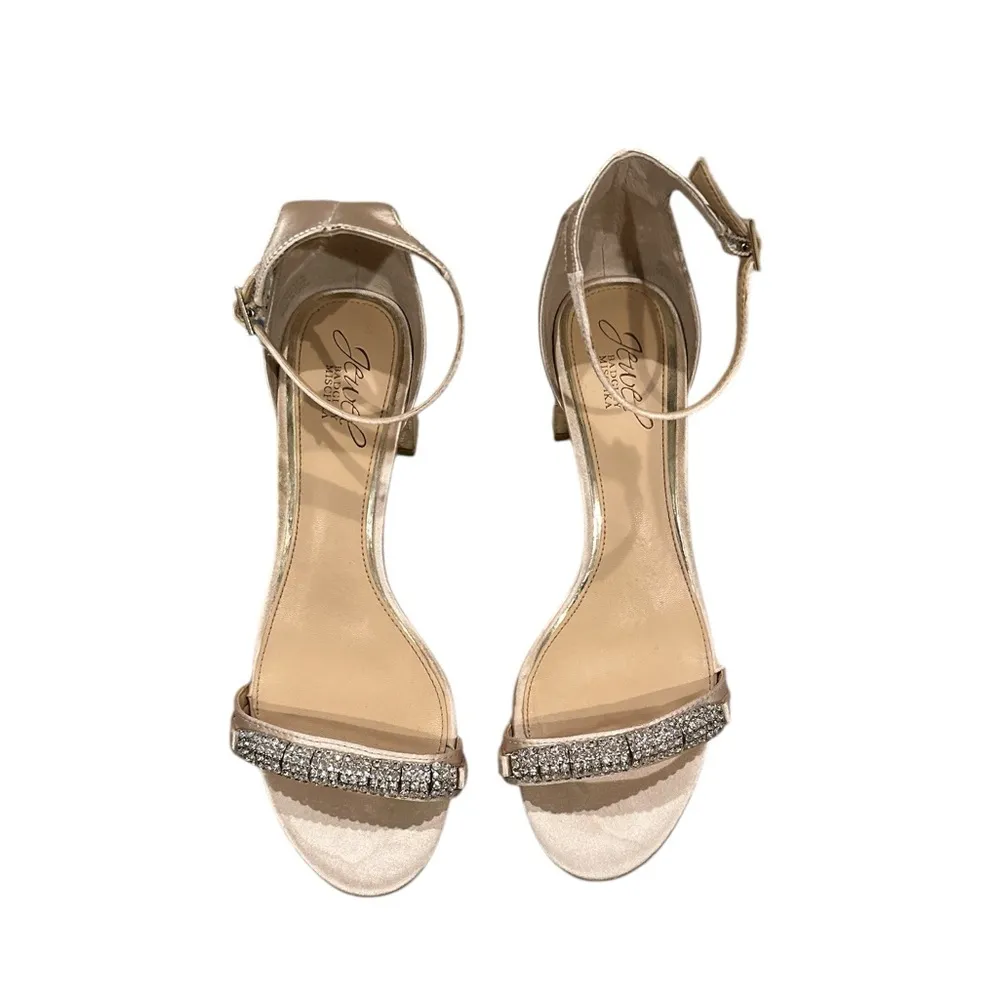 BADLEY MISCHKA JEWEL RAMSEY OPEN TOE BLOCK HEEL SATIN EVENING BRIDAL SHOES 8 Silver - Image 3