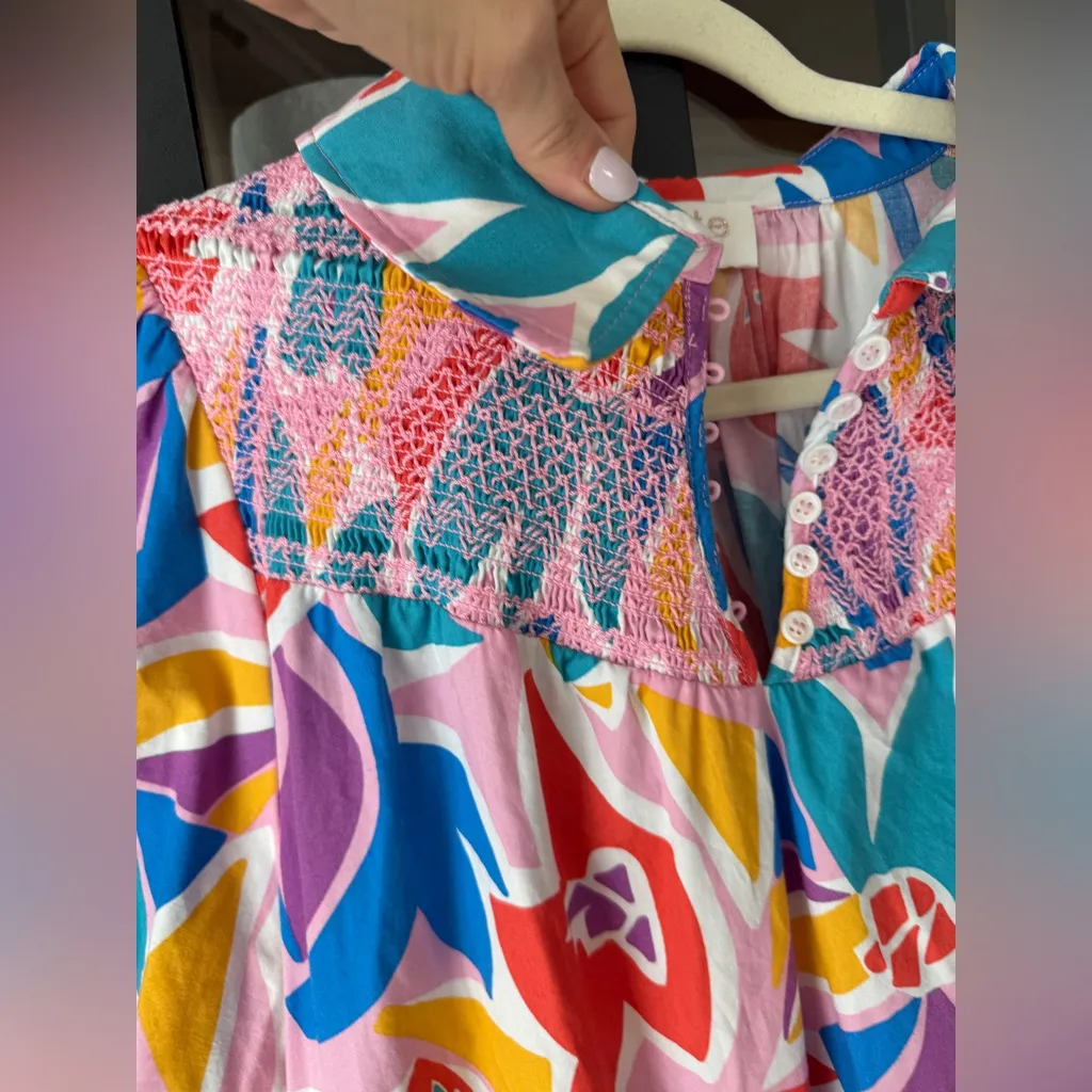 Fate smocked mini dress colorful print collar pockets 3/4 long sleeve floral Pink Size M - Image 9