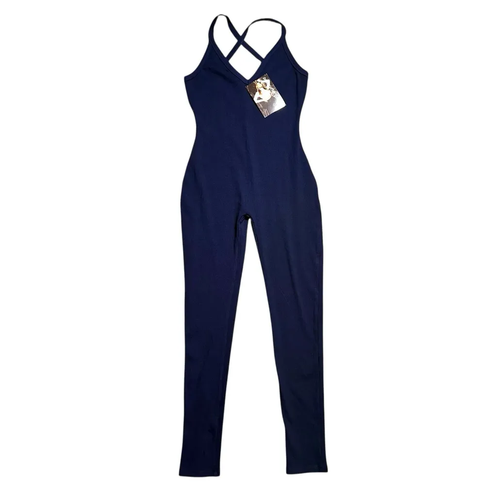 NEW Naked Wardrobe X Is Back Snatched Jumpsuit XL Navy Ribbed Sleeveless NWT - Image 4