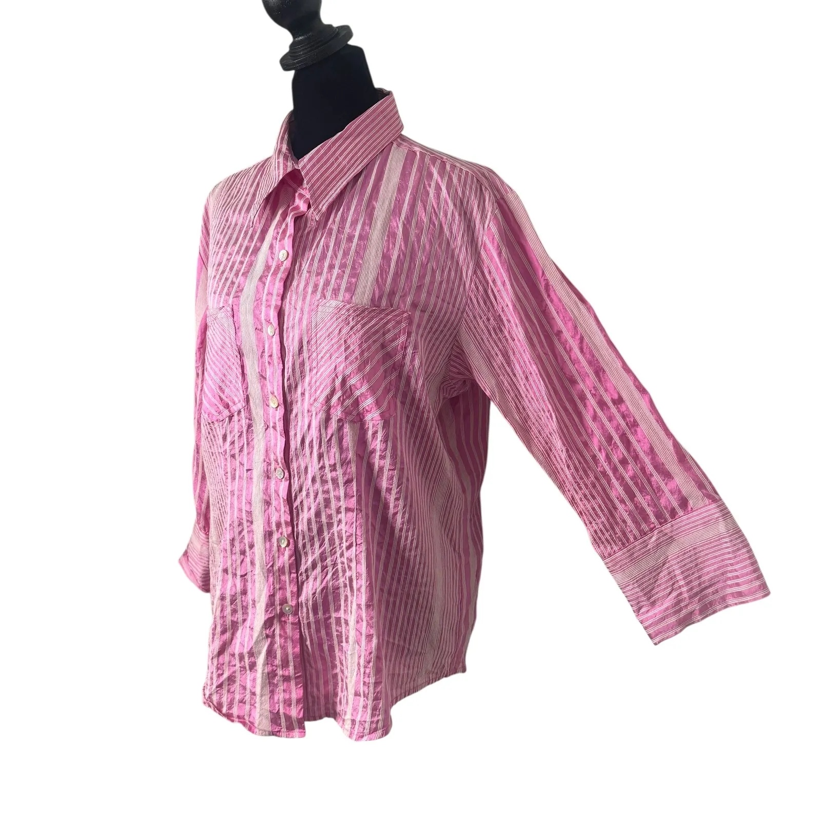 Chicos 1 Pink White Striped Button Down Top Size M Silk Blend Preppy Collared - Image 8