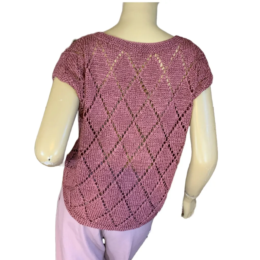 VINTAGE 1980'S PURPLE NYLON CAP SLEEVE LOOSE KNIT PULL OVER SWEATER (M) Size M - Image 5