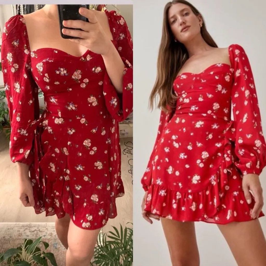 Reformation Cammi Floral Ruffle Wrap Mini Dress Cassia Red White - Image 9