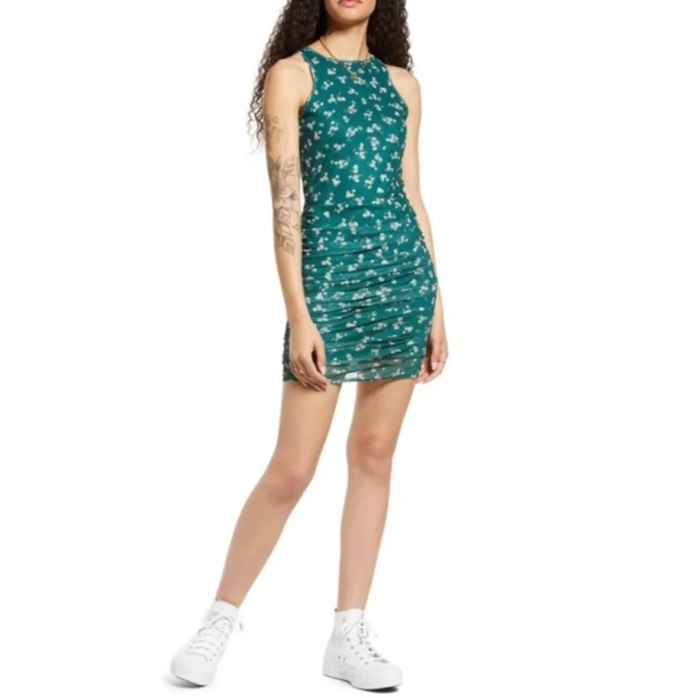 Nordstrom BP. Ruched Mesh Bodycon Dress Green Botanical Floral NWT - Image 3