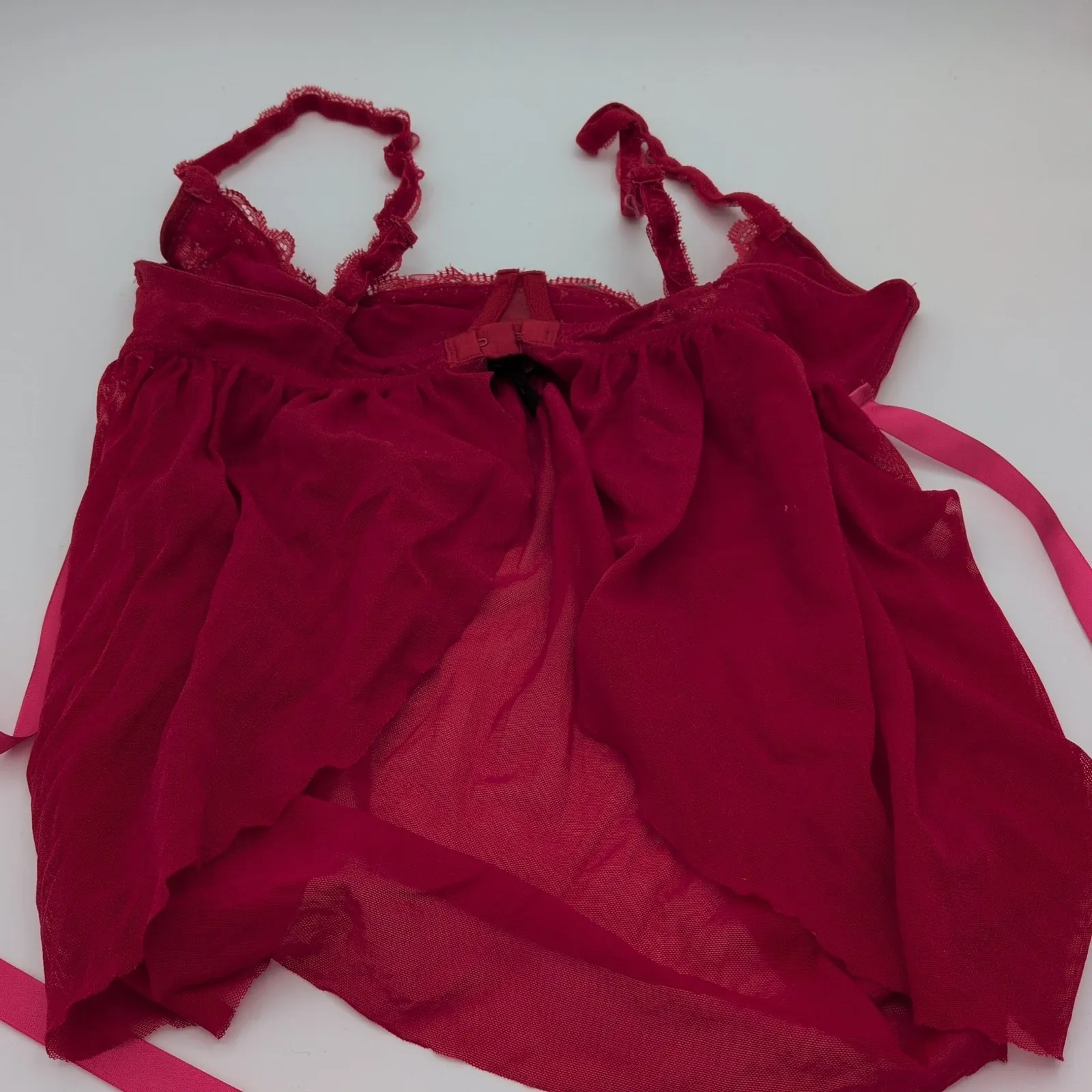 Victoria's Secret Sexy Little Things Red Lace Mesh Babydoll Chemise Lingerie 36B - Image 3