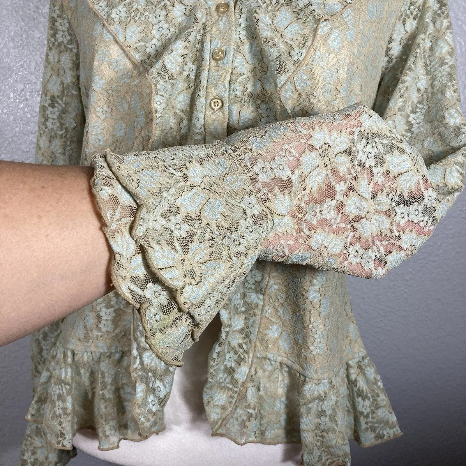 Womens Cream Top L Floral Lace Victorian Blouse Ruffles Sheer Whimsical Fairy - Image 4
