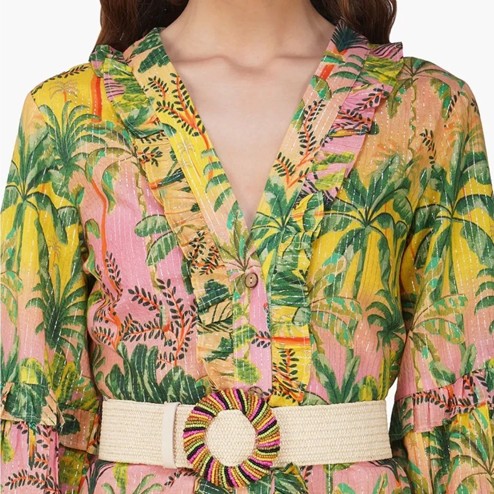 America & Beyond Endless Summer Tropical Floral Ruffle Shirt Dress Beaded Belt M Green Size M - Image 3