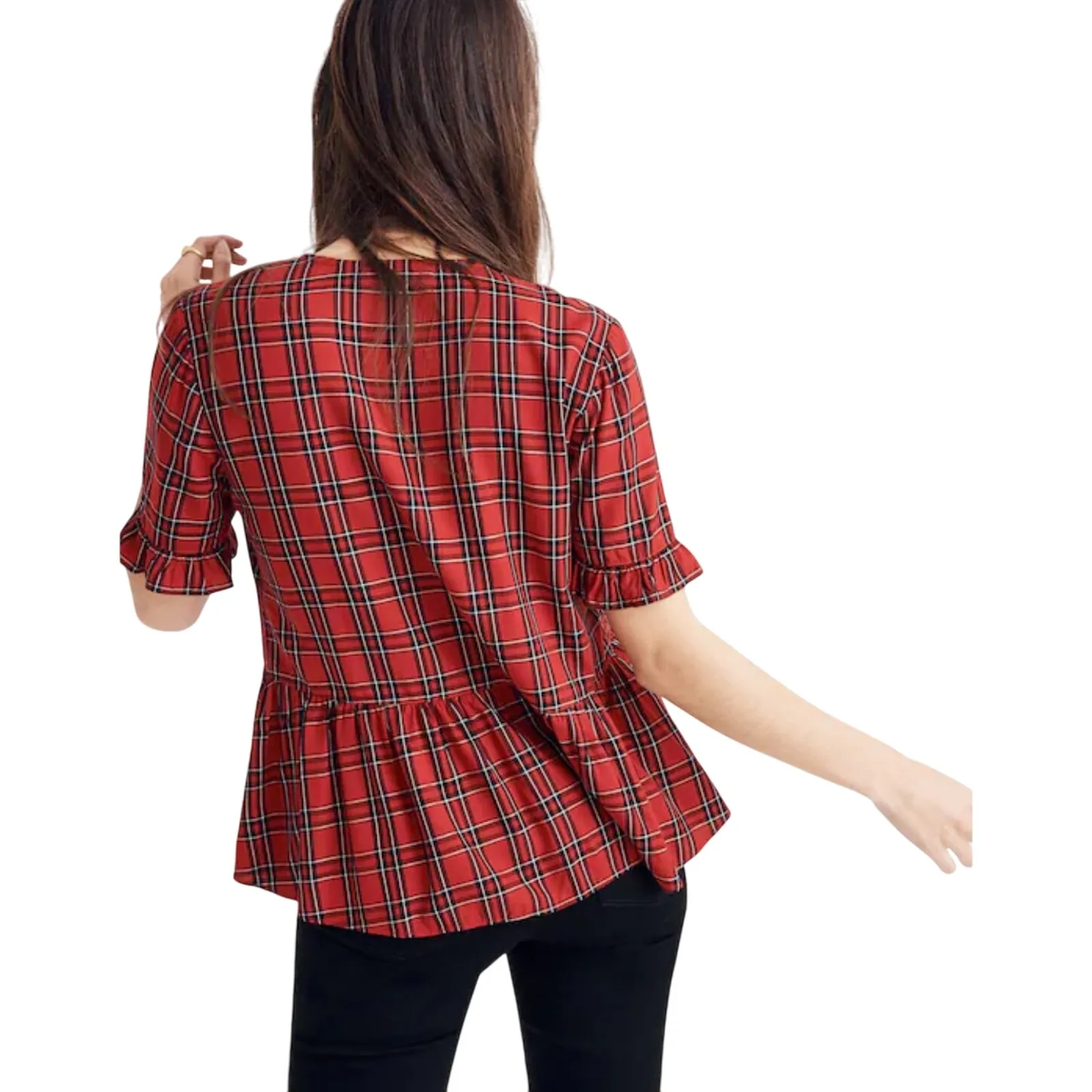 NWT MADEWELL Women’s Studio Ruffle-Hem top Red Clanton Plaid medium - Image 3