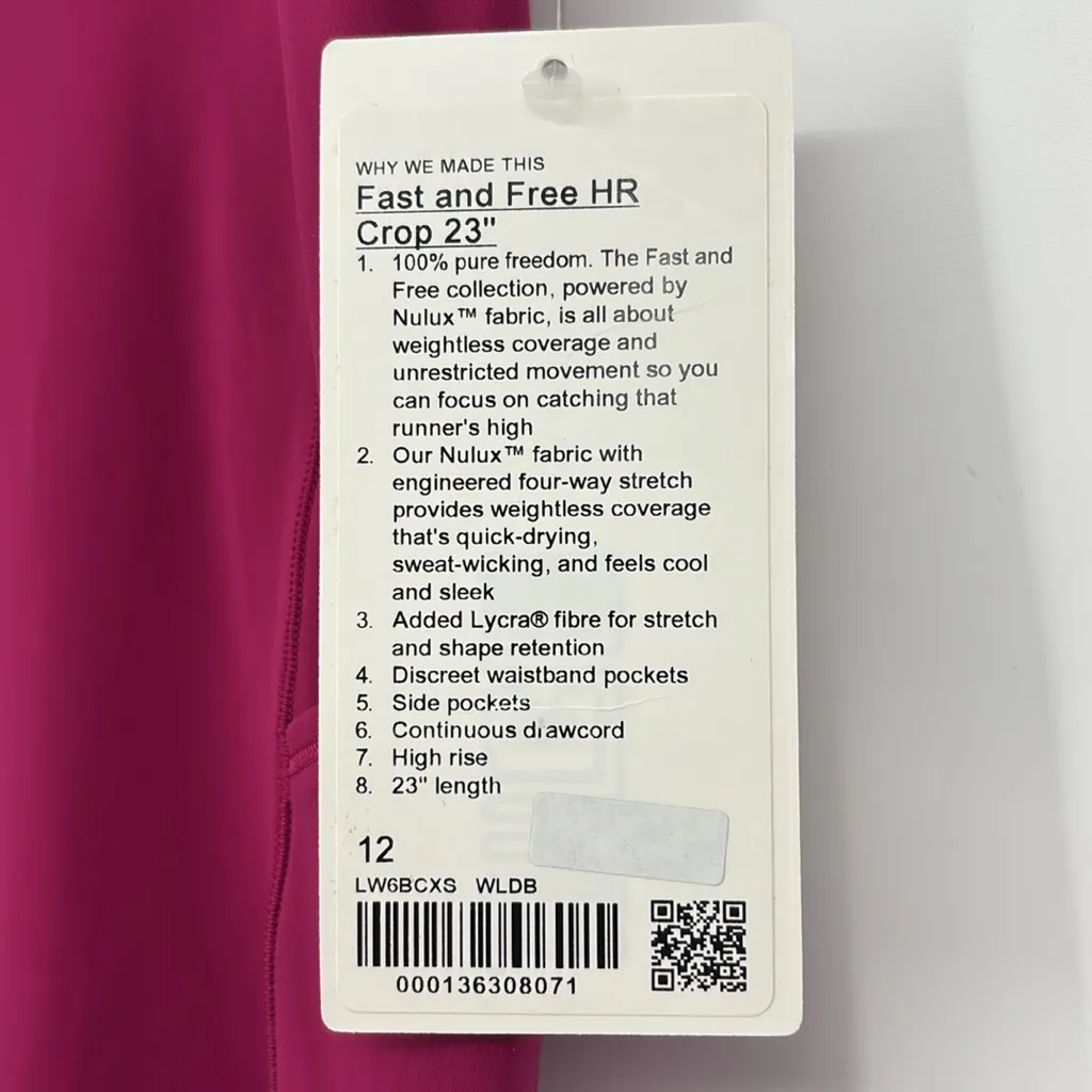 Lululemon Fast and Free HR Crop 23” Leggings Women's Size 12 in Wildberry NWT! - Image 3
