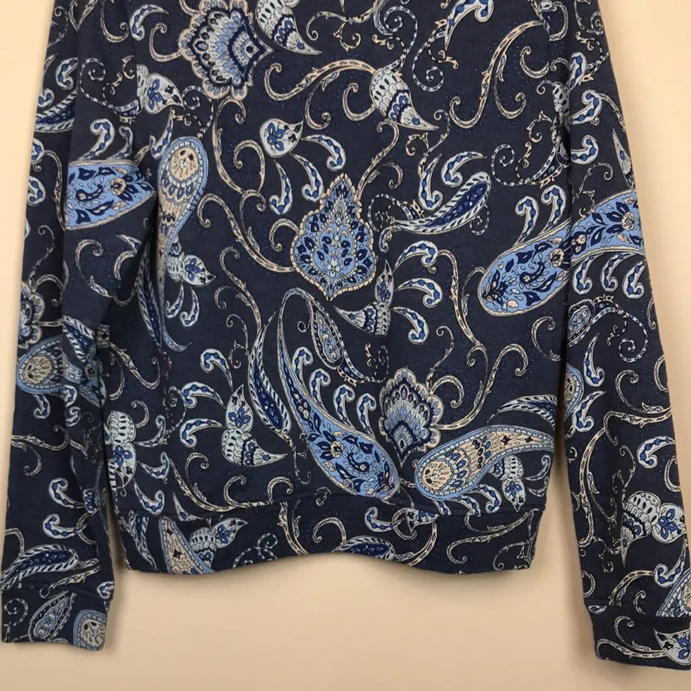 H&M Women’s Paisley Print Blue Beige Fleece Lined Crew Neck Sweatshirt - Image 3