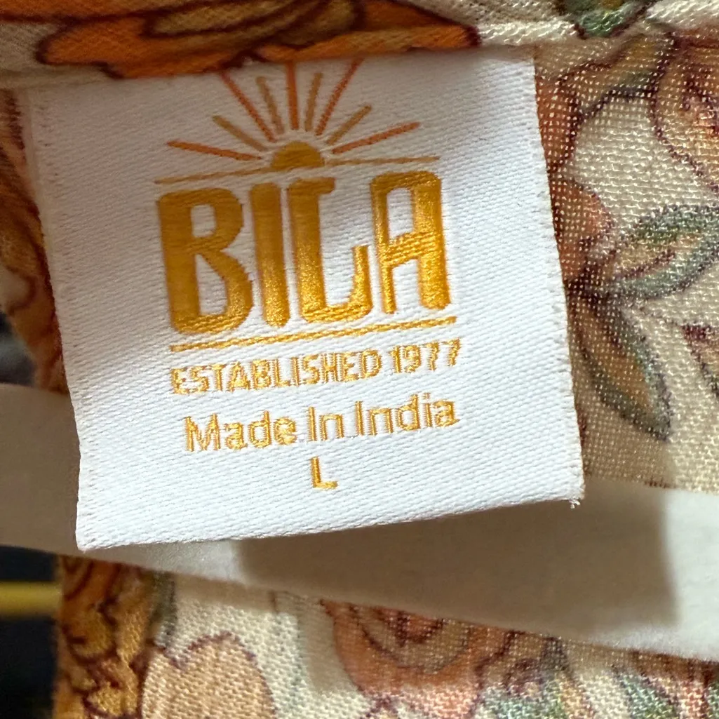 Bila Boho Floral Paisley Dress Tiered Ruffle Hem VNeck Short Sleeve Peasant Sz L Orange Size L - Image 3