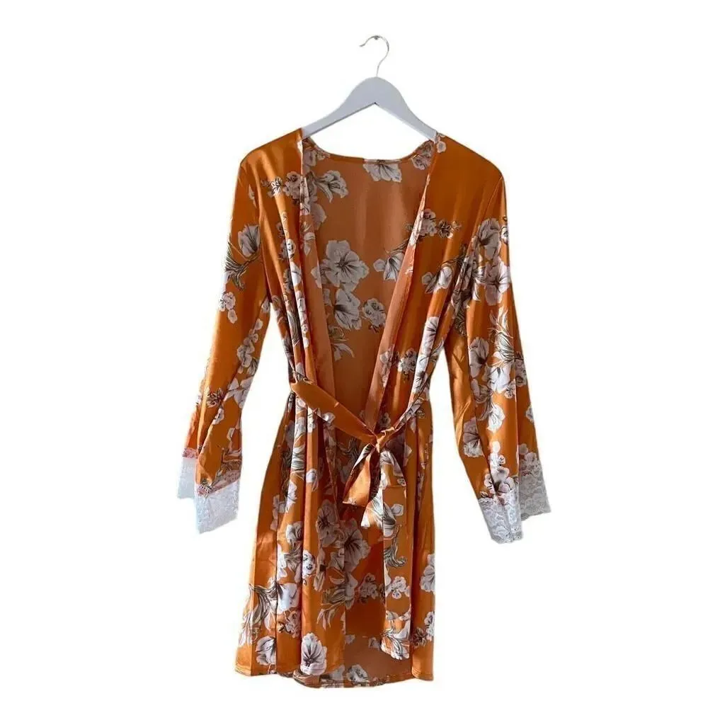 Bohemian Floral Print Pajama Set, Long Sleeve Robe With Belt Lace SZ M #1635 Orange Size M - Image 8