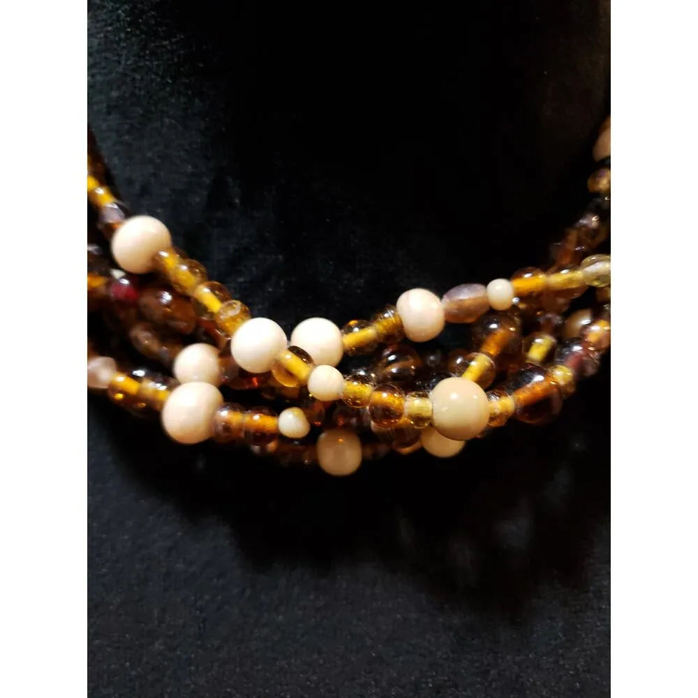 Women Fashion Multistrand Champagne Beads Faux Pearls Link Chain Collar Necklace Brown - Image 3