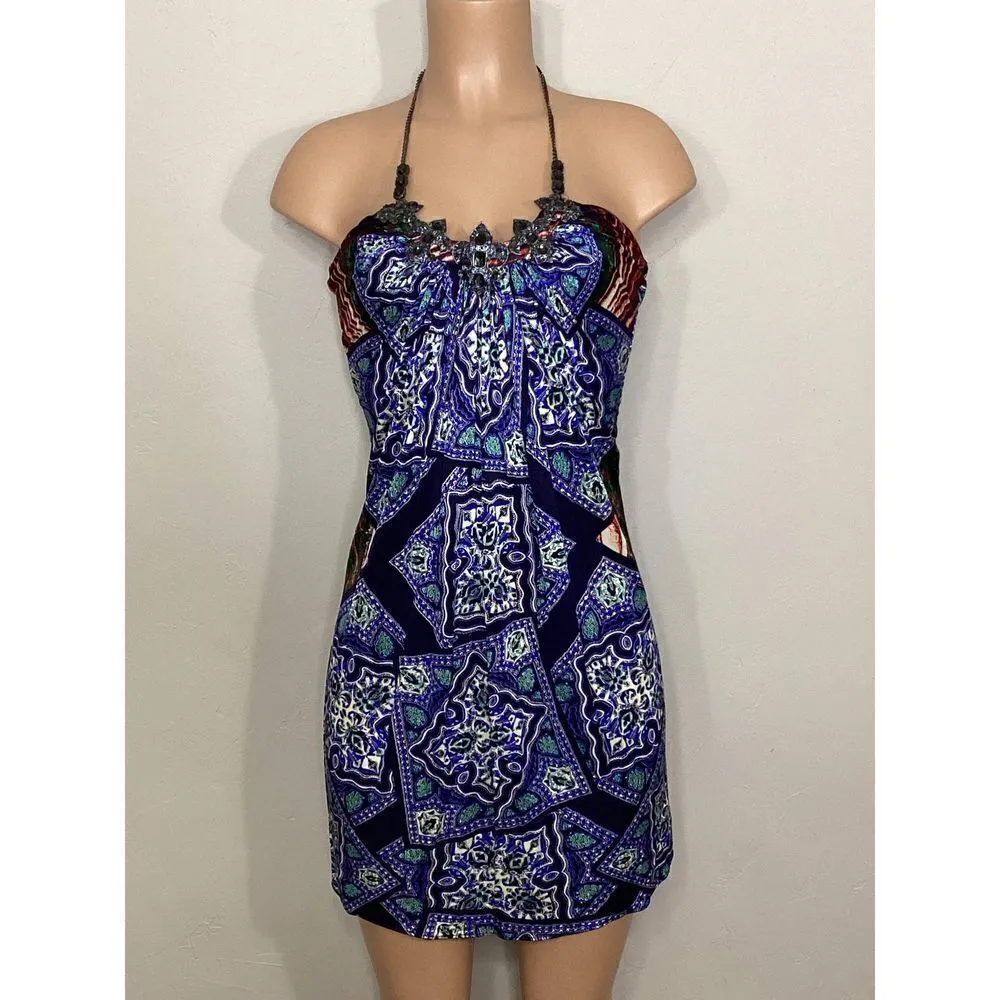New. SKY silk halter mini dress with bling embellishment. Retails $269 Blue Size M - Image 3