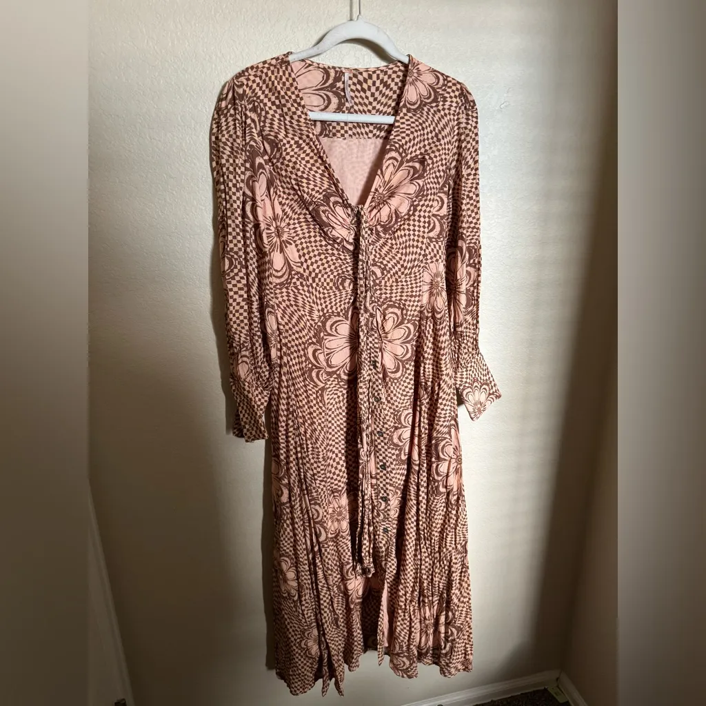 Free People Napa Floral Boho Tie Front‎ Long Sleeve Cottagecore Maxi Dress Sz XS - Image 8