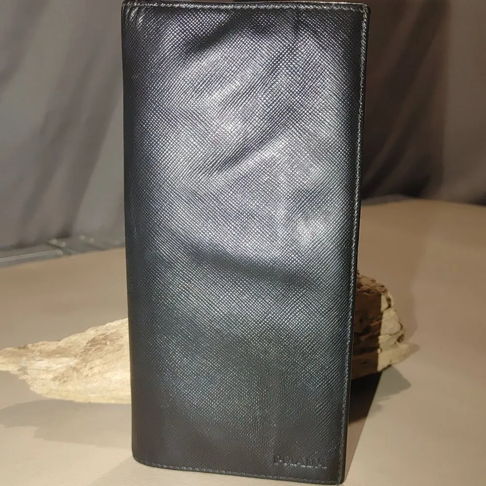 Prada Wallet Milano Black Leather Vinyl Long Metal Zipper Card Slots Pockets - Image 4