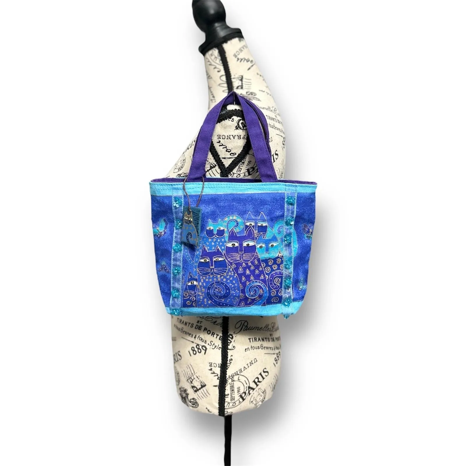 Laurel Burch Indigo Blue Cat Tote Bag Sun N Sand Canvas Art Print Small Purse - Image 2