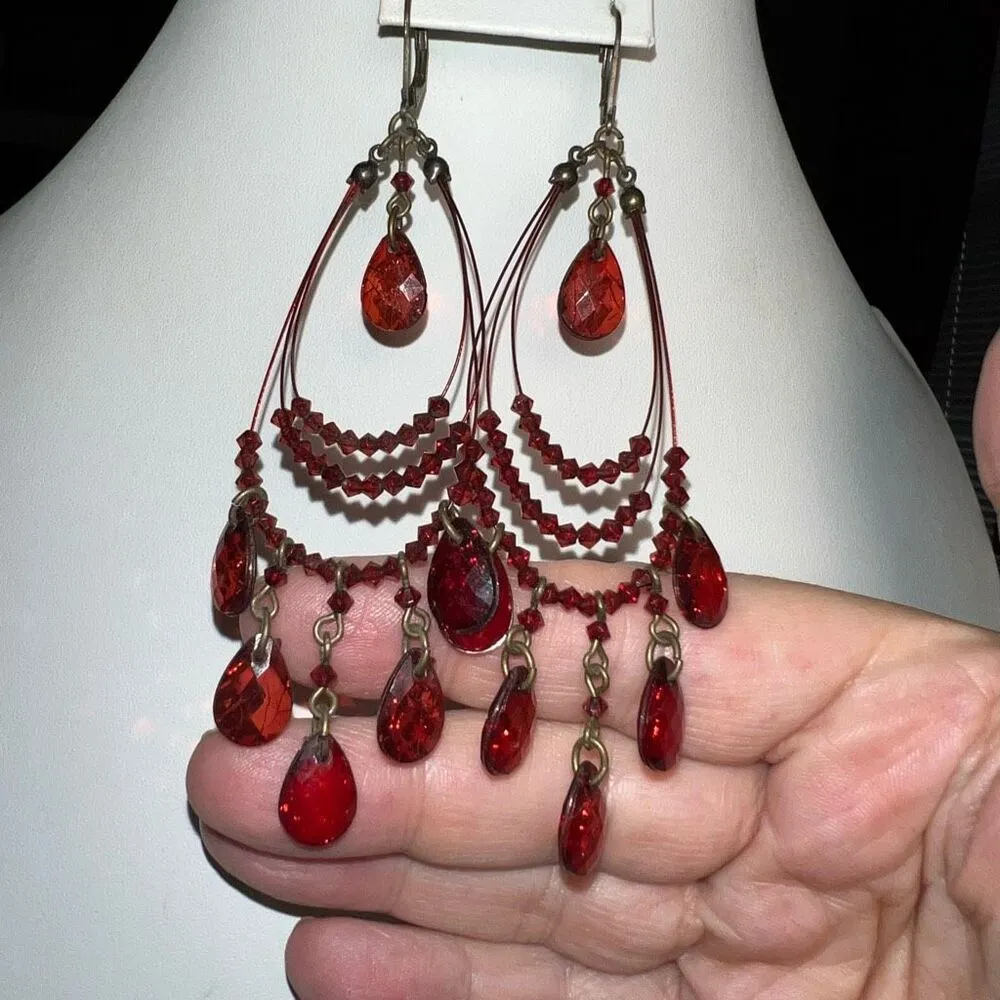 Vintage Goth Boho Red‎ Crystal Layered Earrings Red - Image 4