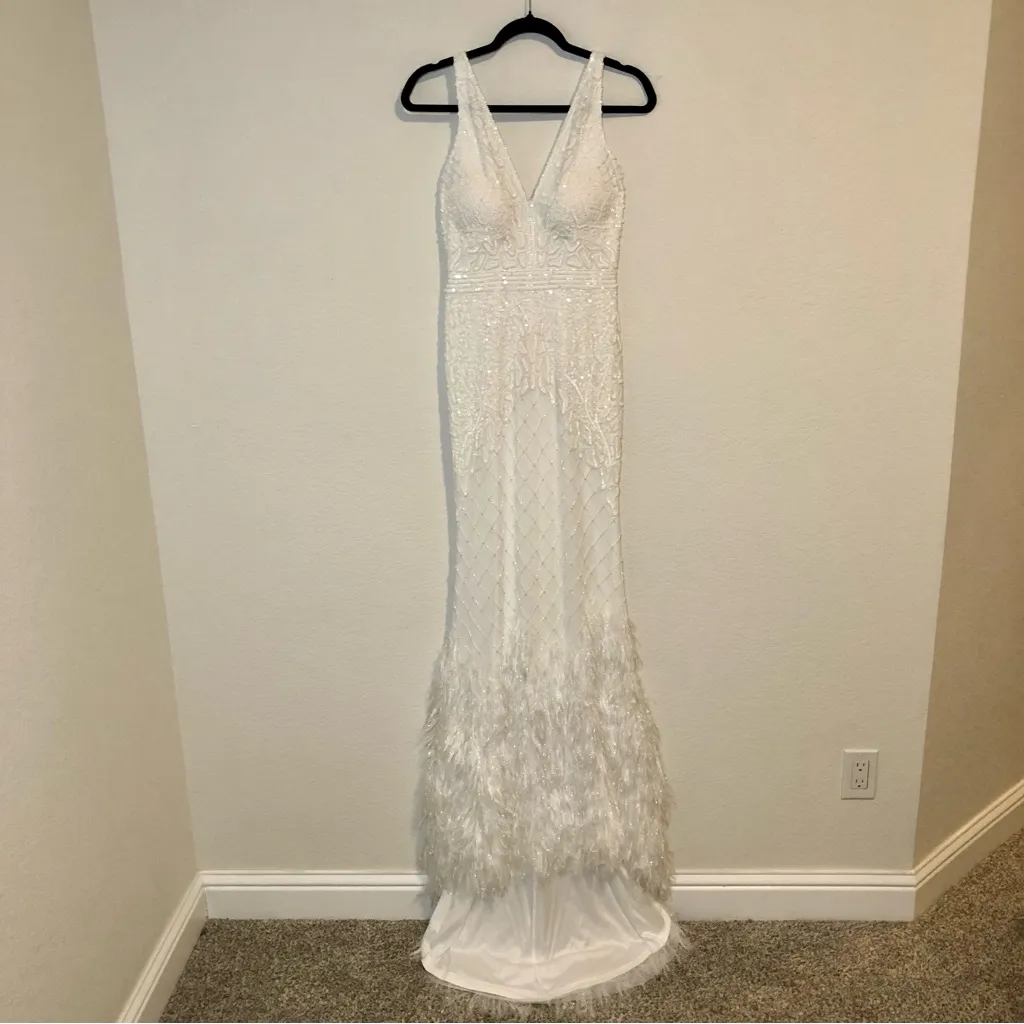 Lulus Glamorous Vow White Beaded Feather Lurex Mermaid Maxi Dress Size S - Image 3