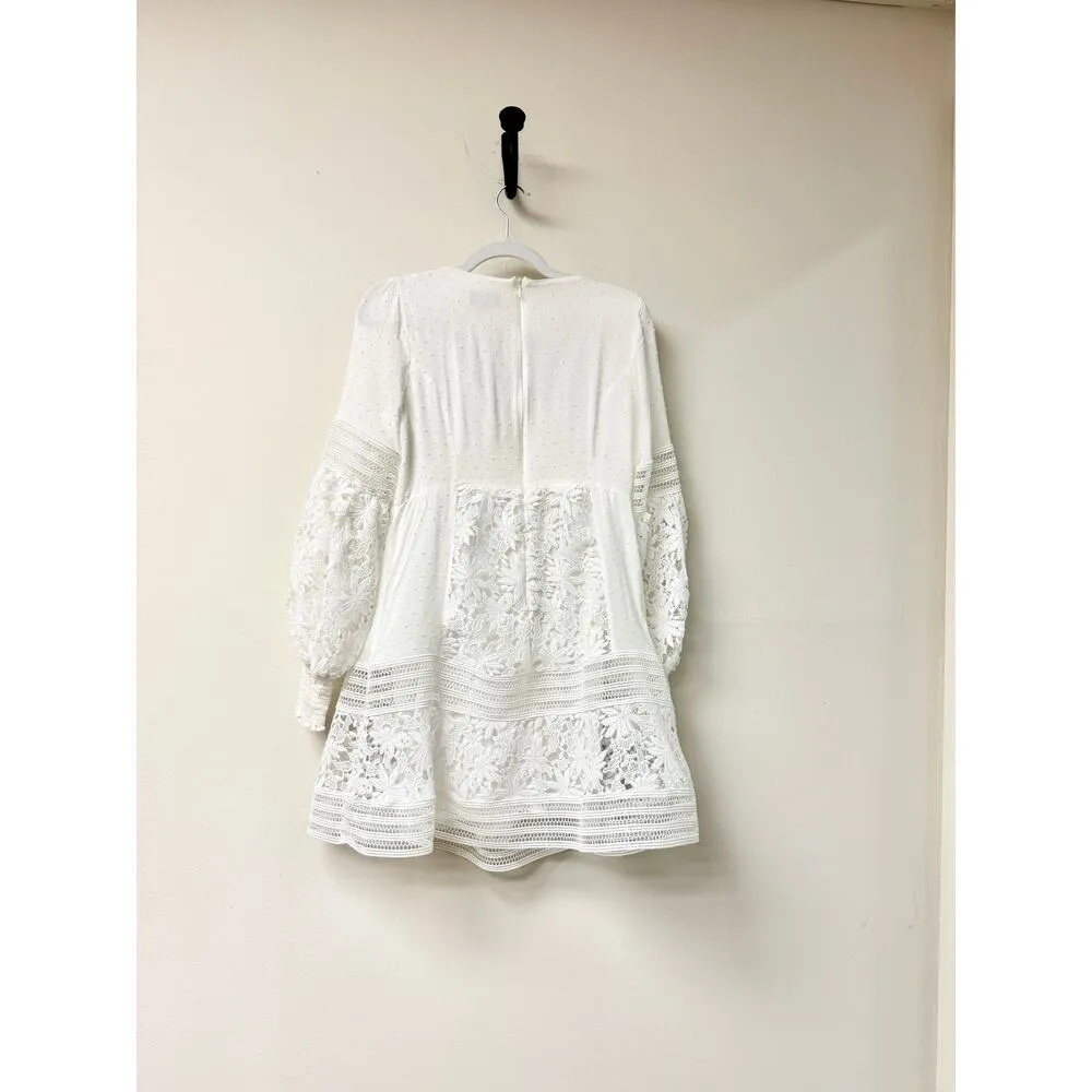 Bardot Mariah Long Sleeve Swiss Dot & Lace Babydoll Dress Ivory Women's US 10/L - Image 6