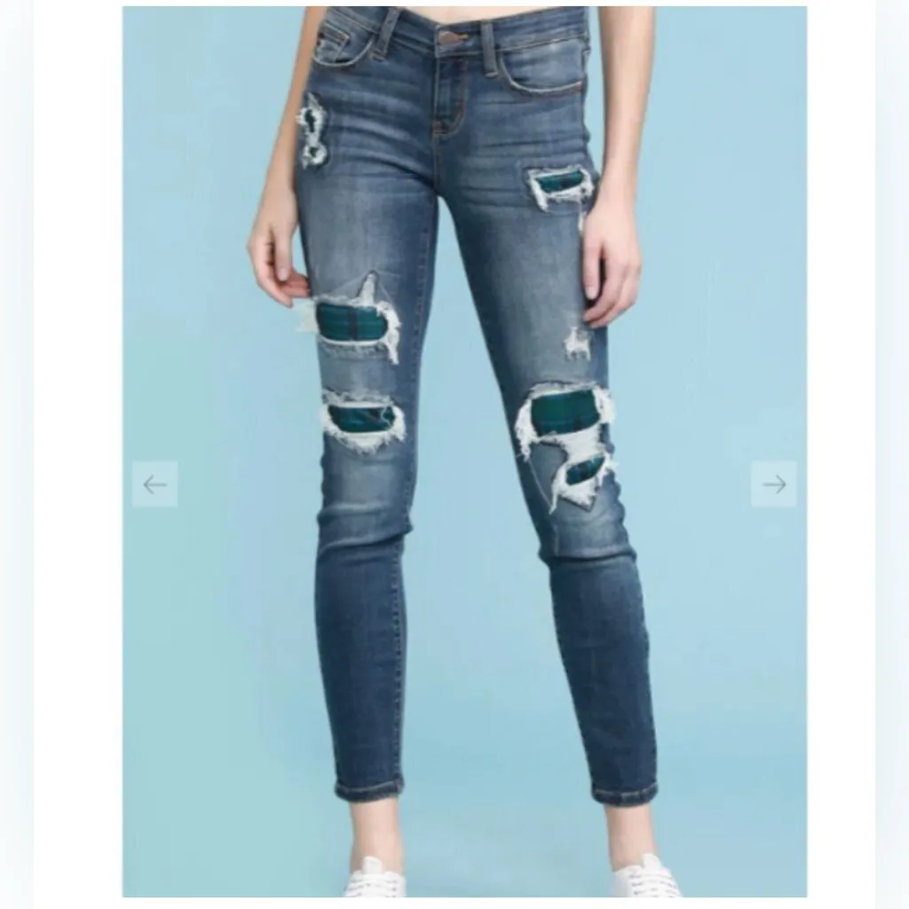 JUDY BLUE Green Blue Plaid Patch Skinny Fit Jeans Size 0/24 Women’s - Image 8